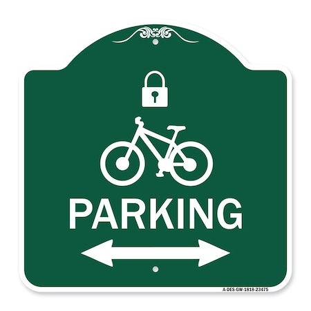 Signmission Parking W/ Lock Cycle & Bidirectional Arrow, Green & White Aluminum Sign, 18" x 18", GW-1818-23475 A-DES-GW-1818-23475